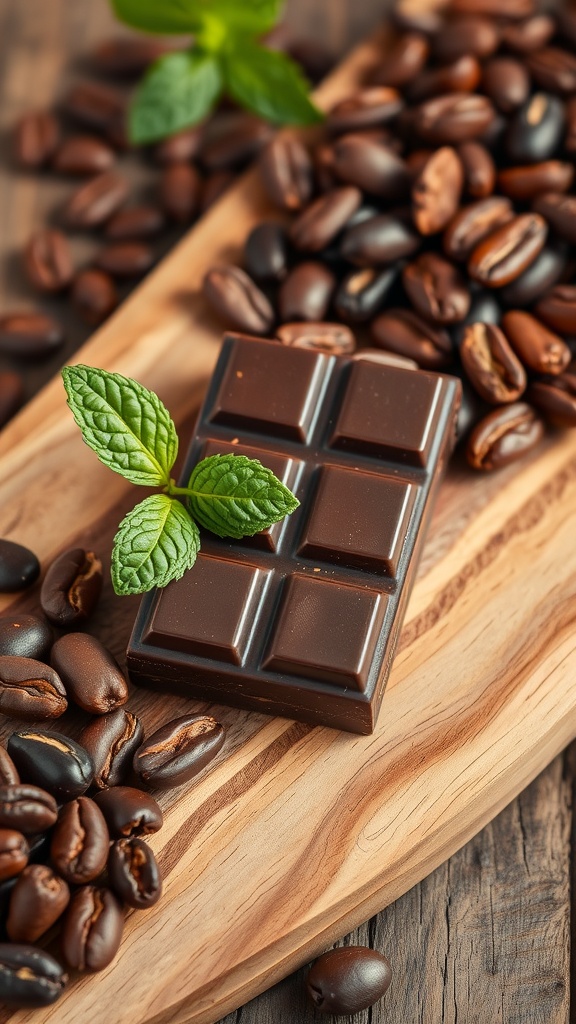 A piece of dark chocolate on a wooden board surrounded by coffee beans and fresh mint leaves.
