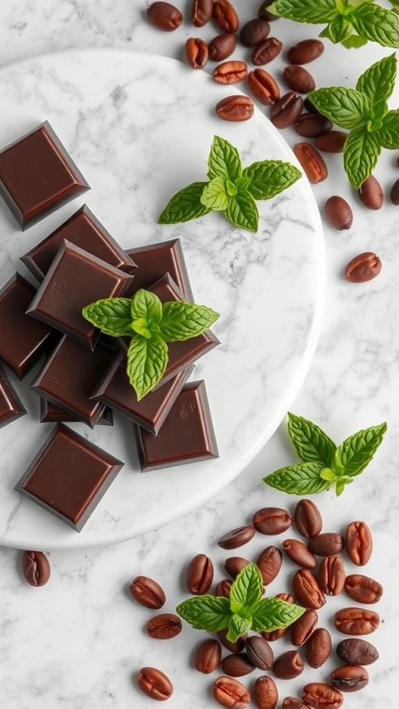 Dark chocolate squares with mint leaves and coffee beans on a marble plate.