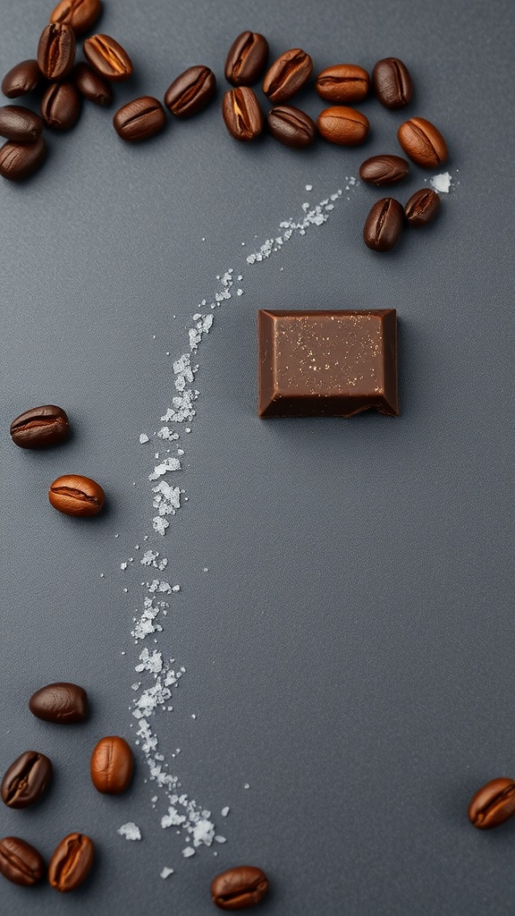 A piece of dark chocolate surrounded by coffee beans and salt on a dark background.