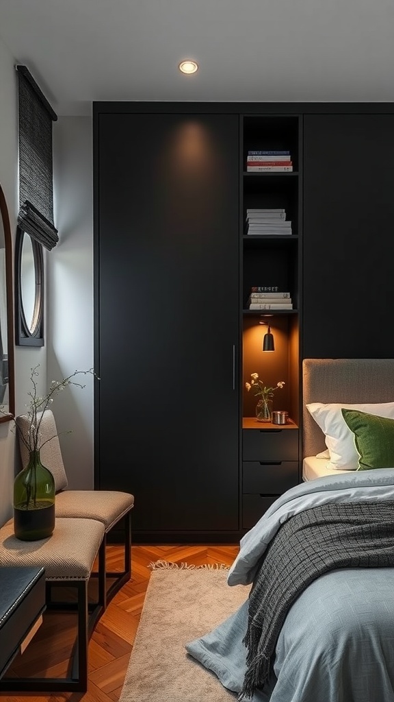 A small, elegant bedroom featuring dark cabinetry, light fabric seating, and warm lighting.
