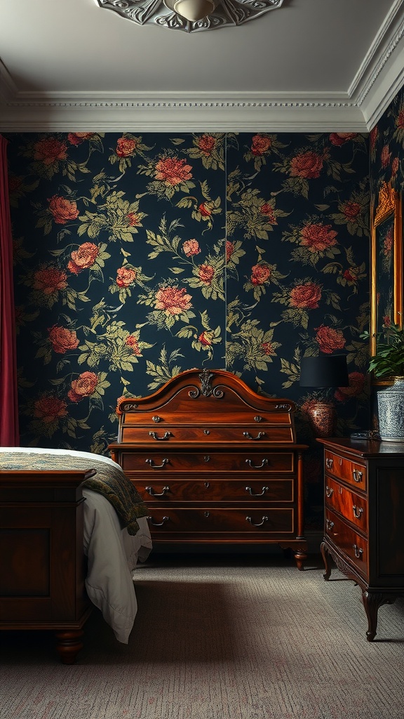 A bedroom with dark floral wallpaper featuring rich colors and antique wooden furniture.