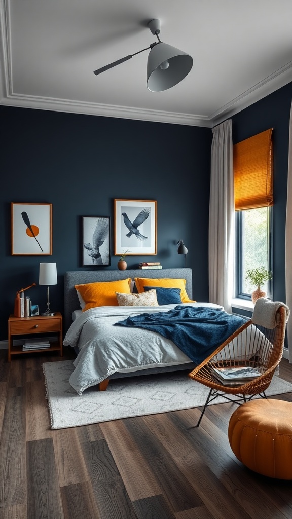 A cozy bedroom with dark navy walls, bright orange and yellow accents, and stylish furniture.