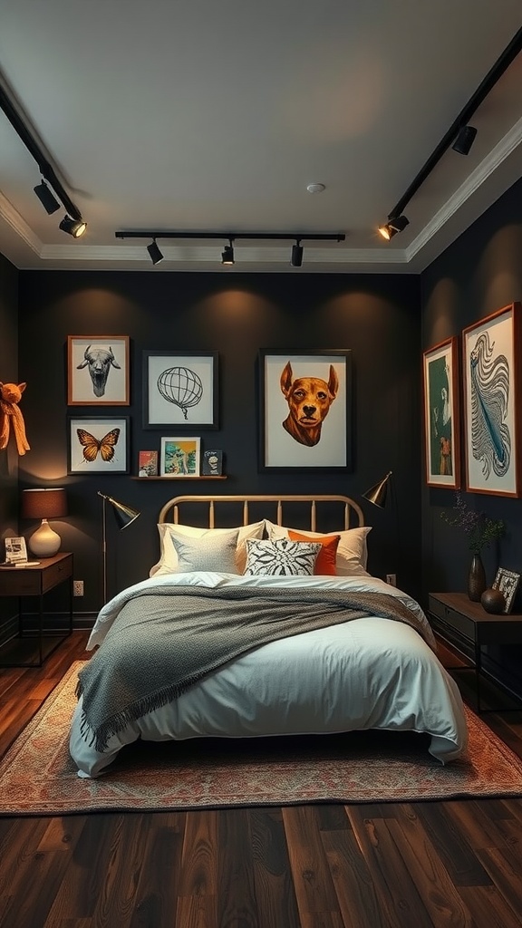 A dark-themed bedroom featuring art gallery decor, with framed artwork on the walls and a cozy bed setup.