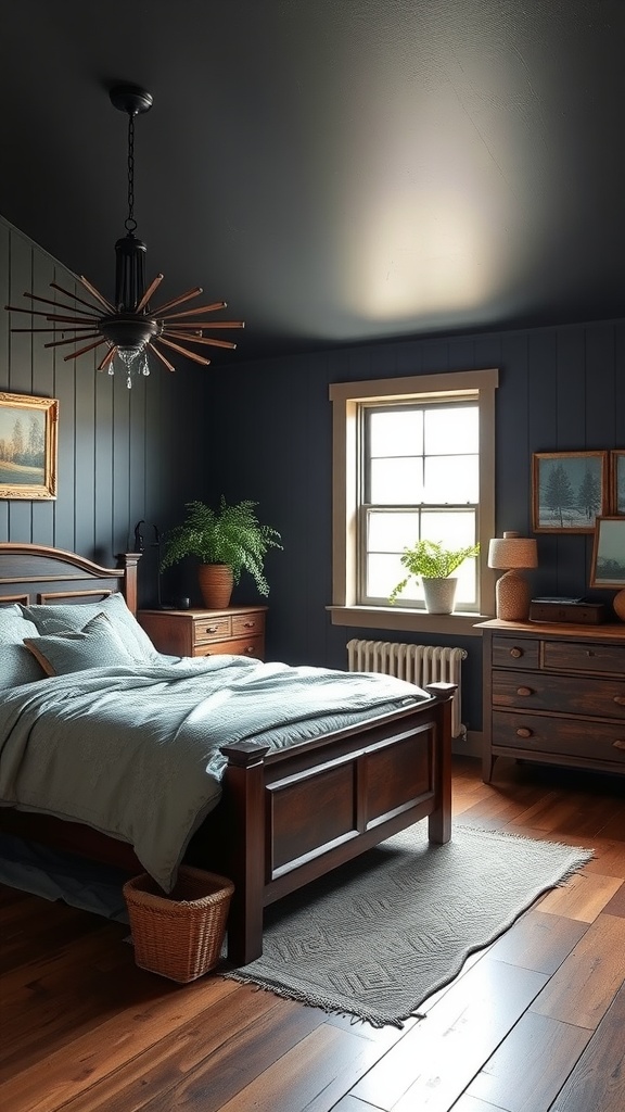 A cozy farmhouse bedroom featuring dark walls, wooden furniture, and a bright window.