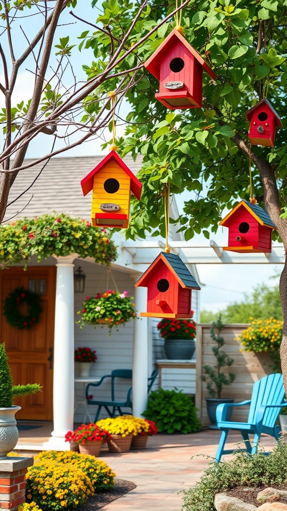 Colorful decorative birdhouses hanging from a tree in a farmhouse patio setting