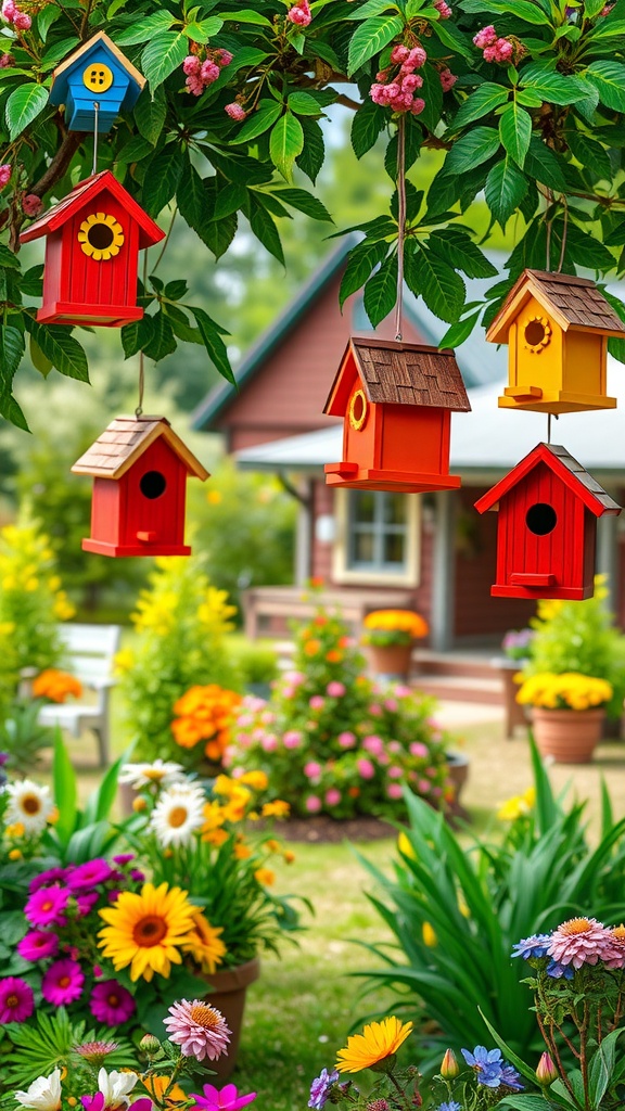 Colorful decorative birdhouses hanging from a tree in a vibrant garden