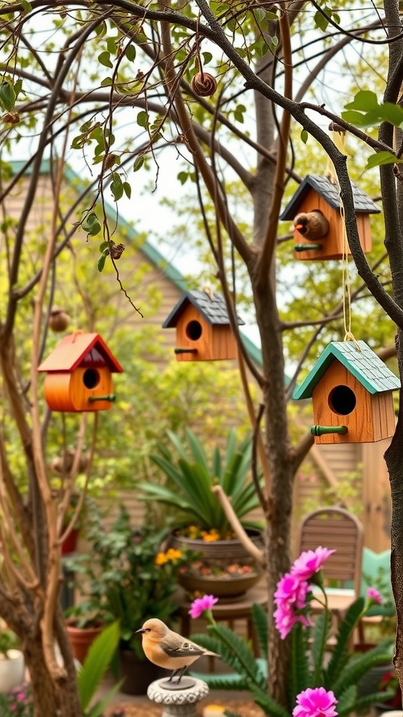 Colorful decorative birdhouses hanging in a garden with a bird on a pedestal and lush greenery.
