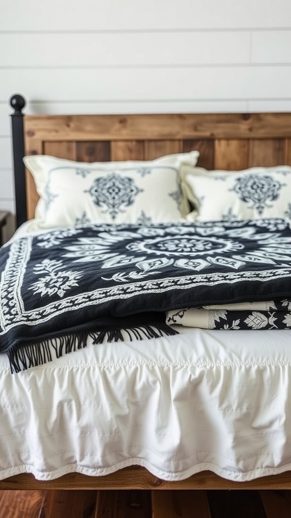 Decorative black and cream quilt on a bed with wooden headboard and cream pillows