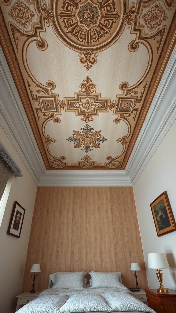 Decorative ceiling in a farmhouse bedroom with intricate designs and warm tones