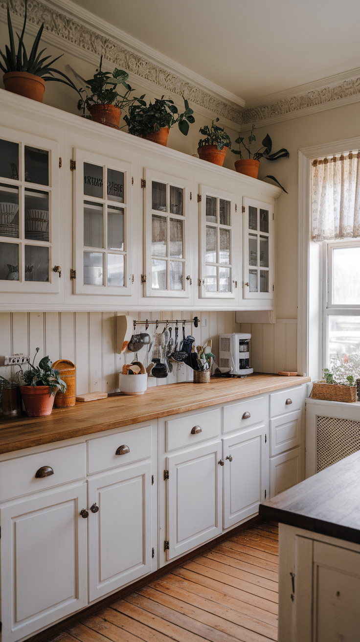 A kitchen with white cabinets featuring decorative crown molding and potted plants on top.