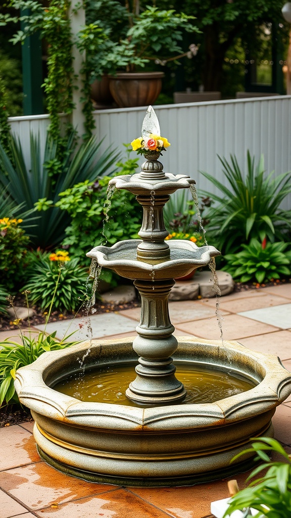 A decorative garden fountain in a patio surrounded by lush greenery and flowers.