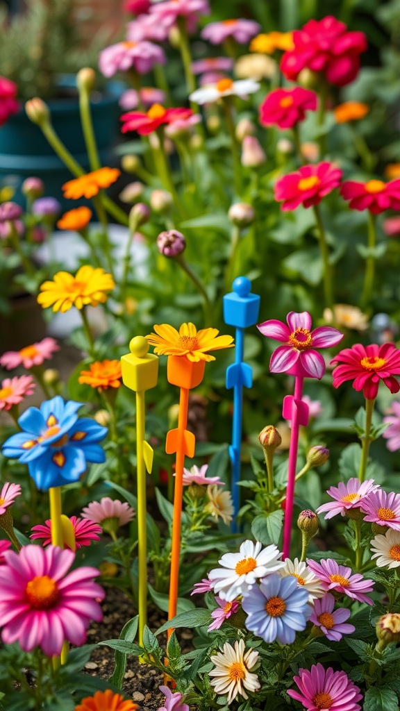 Colorful garden stakes among blooming flowers in a vibrant garden