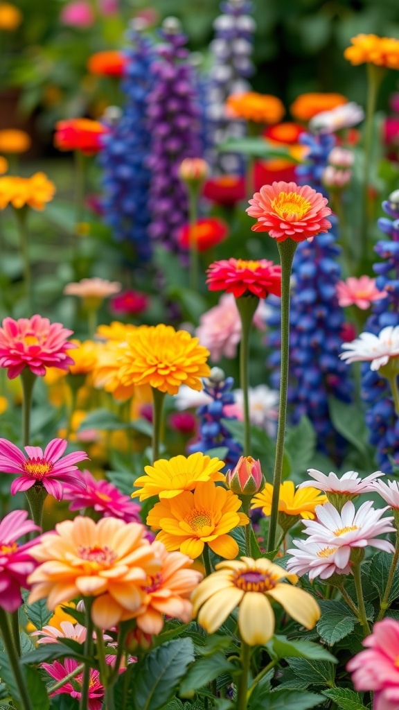 A vibrant garden filled with colorful flowers like daisies and lupins, showcasing a variety of bright hues.