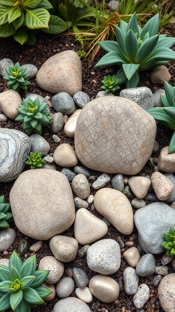 Decorative garden stones arranged among succulent plants
