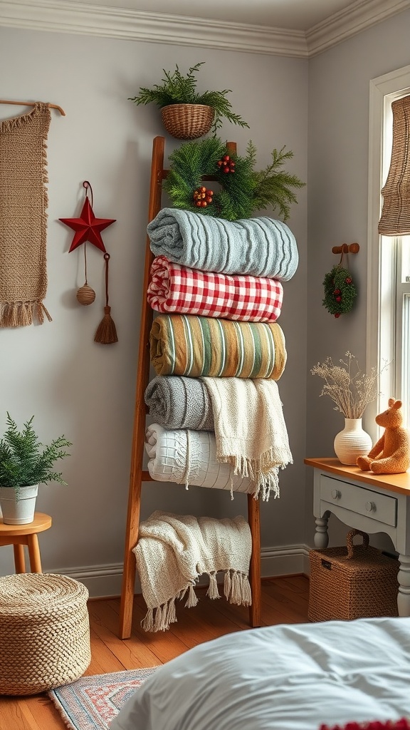 A decorative wooden ladder displaying various blankets and greenery in a cozy farmhouse bedroom.