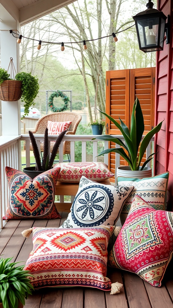 Colorful decorative pillows with ethnic prints arranged on a porch.