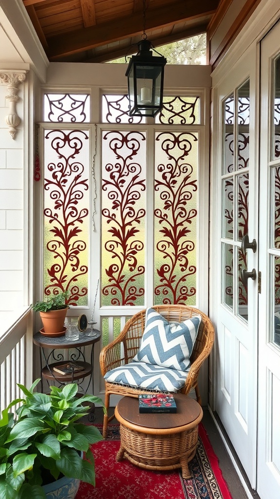 A cozy back porch featuring decorative screens with intricate designs, a rattan chair with a striped cushion, a small table, and potted plants.