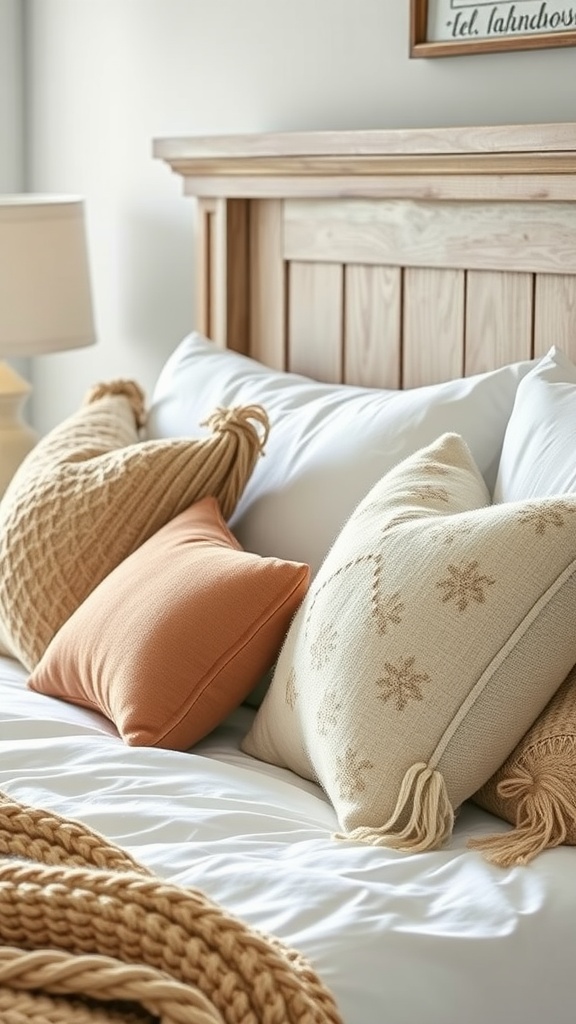 Cozy bed with decorative throw pillows in a farmhouse style
