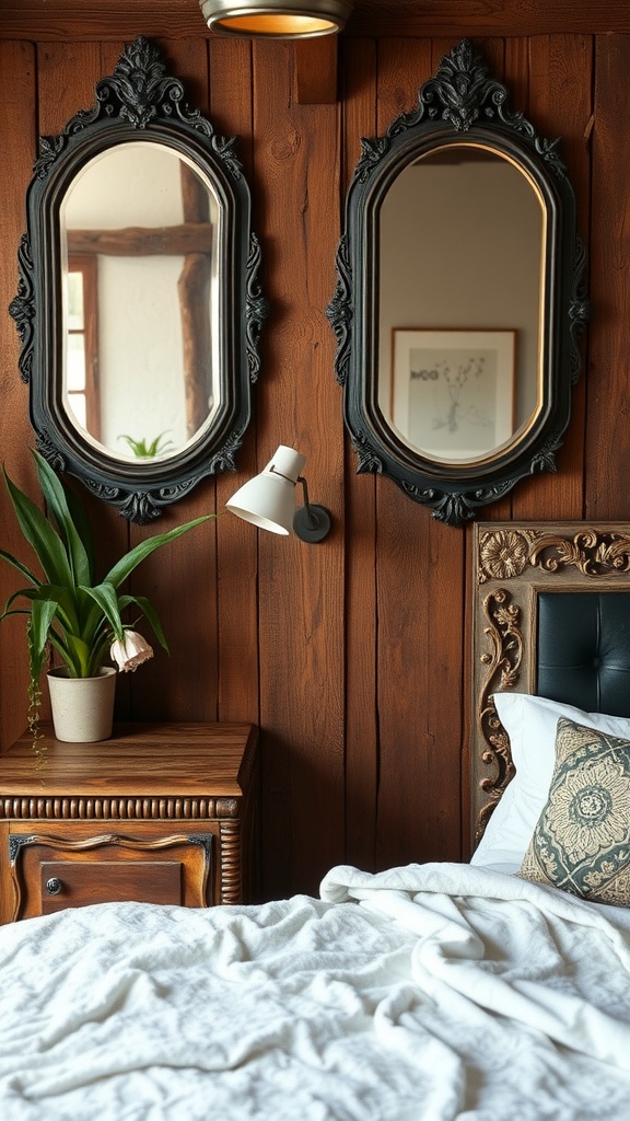A cozy rustic bedroom featuring two decorative wall mirrors with black frames, a wooden nightstand, and a potted plant.