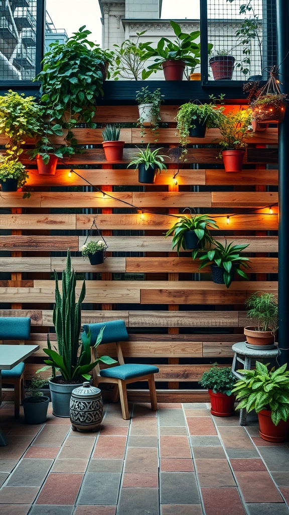 Image of a decorative wooden pallet wall adorned with hanging plants and string lights in a cozy patio setting.
