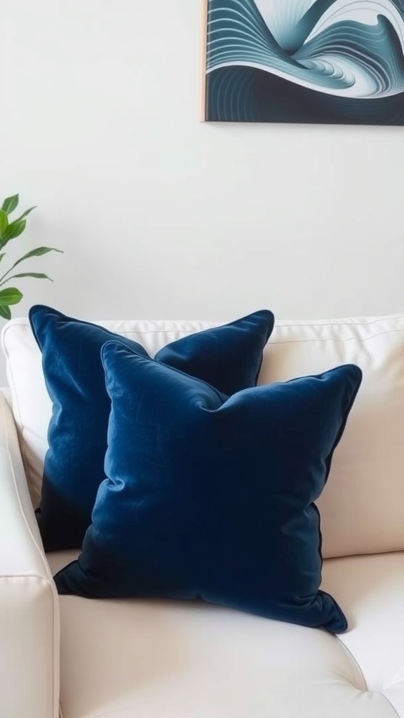 Two deep blue accent pillows on a white couch with a modern wall art piece in the background.