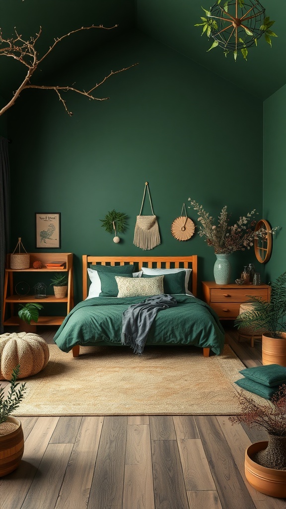 A cozy farmhouse bedroom with deep forest green walls, wooden furniture, and natural decorations.