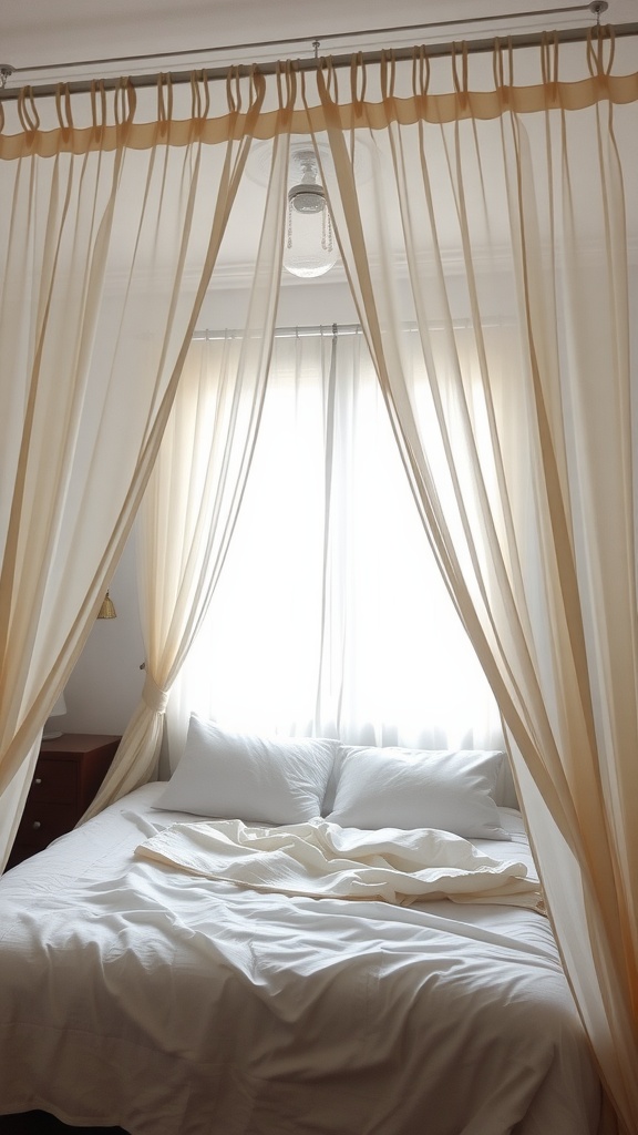 A serene boho bedroom featuring delicate canopy drapes around a cozy bed.