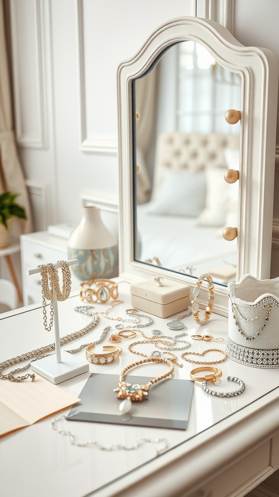 Jewelry display on a dresser with a mirror in a feminine bedroom setting.