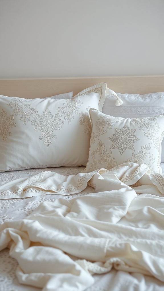 Delicate lace bedding with embroidered pillows in soft cream tones.