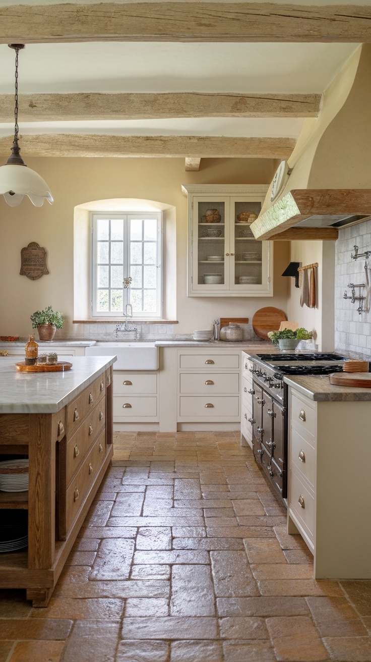 A beautiful farmhouse kitchen featuring rustic stone tile flooring, wooden cabinetry, and natural light.