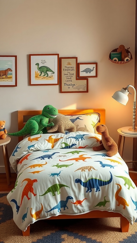Dinosaur-themed bedding with colorful dinosaurs, plush toys, and framed dinosaur art on the wall.