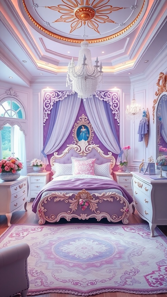 A beautifully designed Disney princess-themed bedroom with ornate furniture and a chandelier