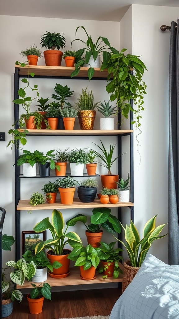 A display shelf with various potted plants in a cozy bedroom setting.