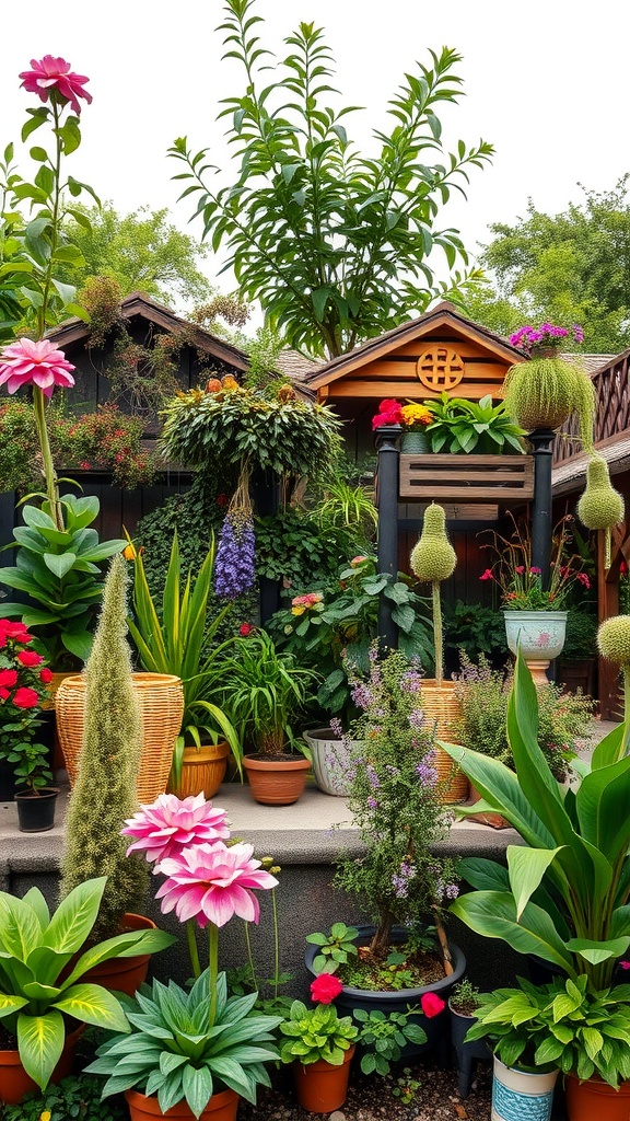 A vibrant garden featuring a variety of colorful plants and flowers in pots, showcasing a bohemian style.