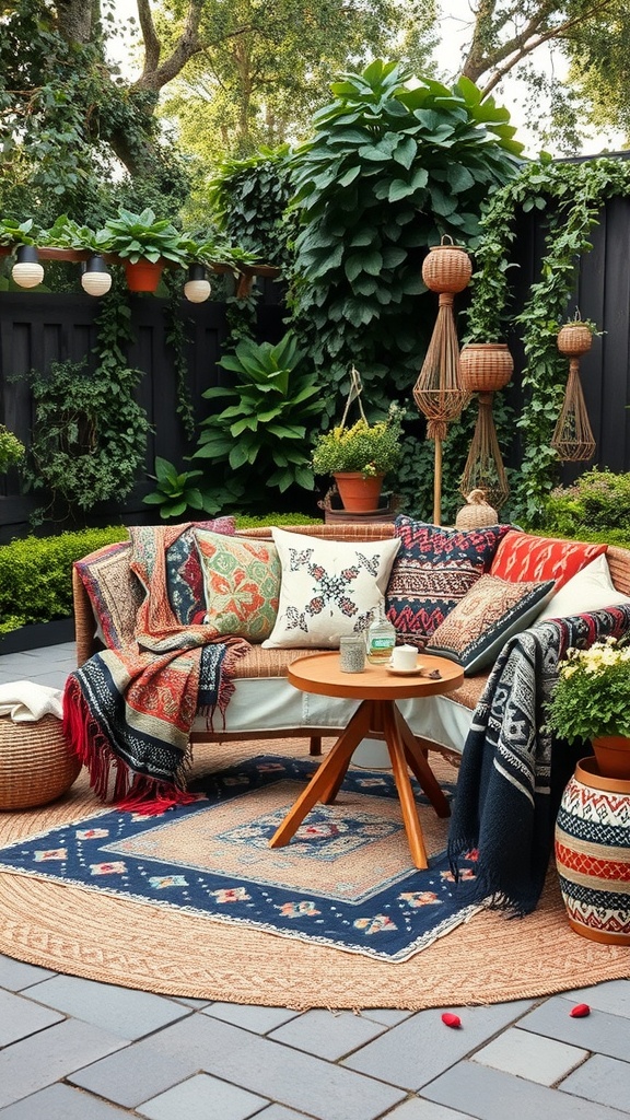 A cozy outdoor seating area with colorful textiles, pillows, and greenery