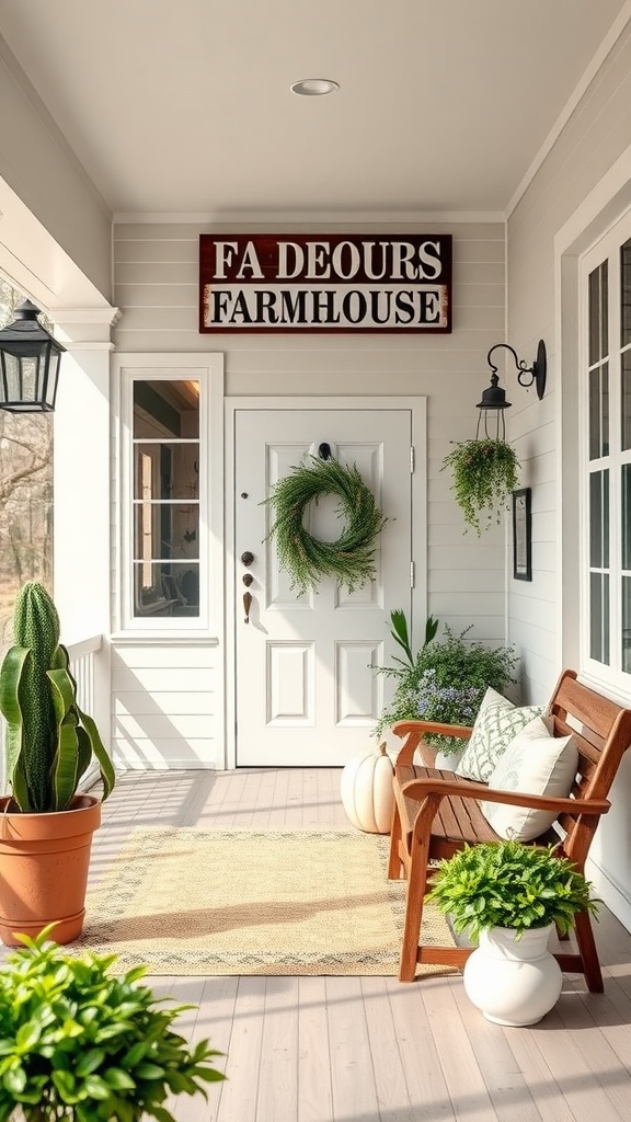 A cozy farmhouse back porch with a sign that reads 'FA DEOURS FARMHOUSE', decorative plants, and comfortable seating.