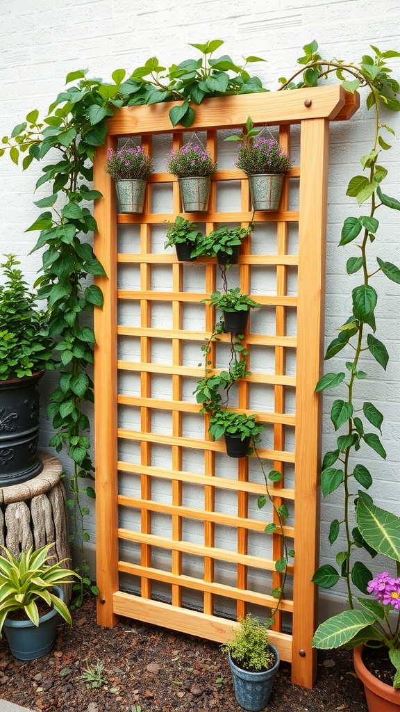 A wooden garden trellis with climbing plants and hanging pots against a white wall.