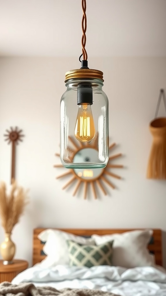 A hanging mason jar light with an Edison bulb, showcasing a cozy boho bedroom setting.