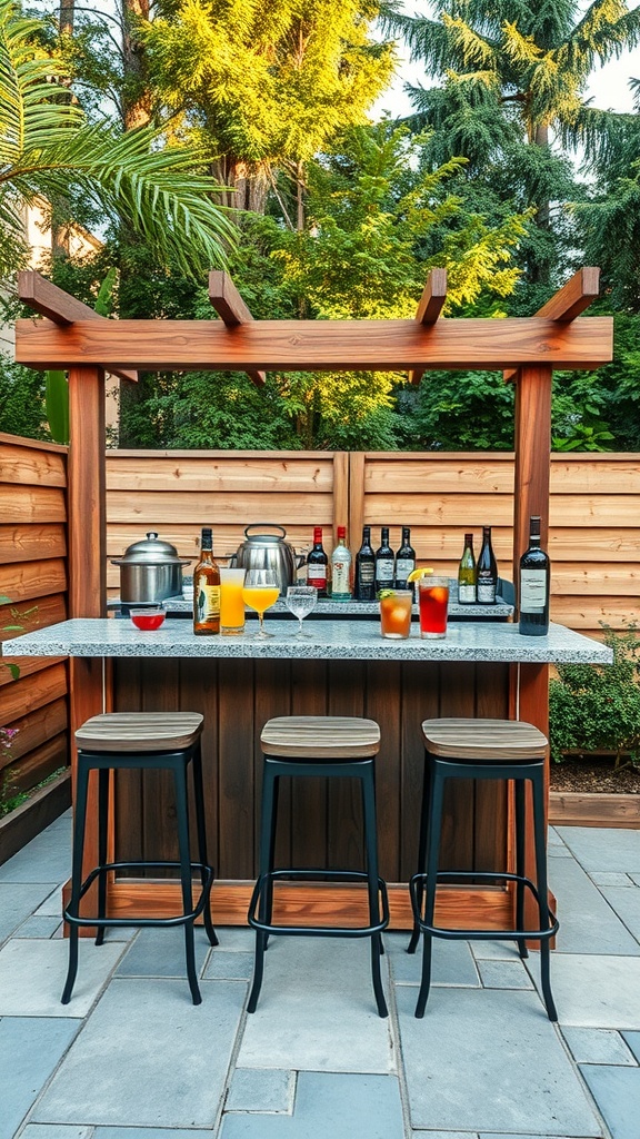 A beautifully arranged outdoor bar with a wooden frame and a variety of drinks on the counter.