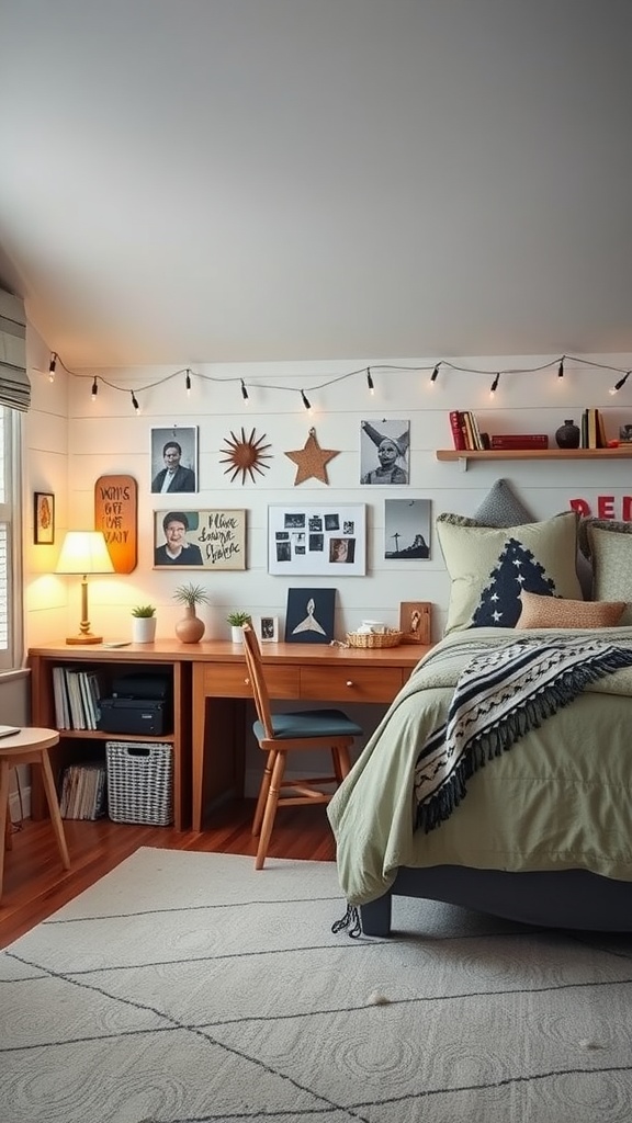 A cozy girls' bedroom featuring a gallery wall, a comfortable bed, and a stylish desk area.