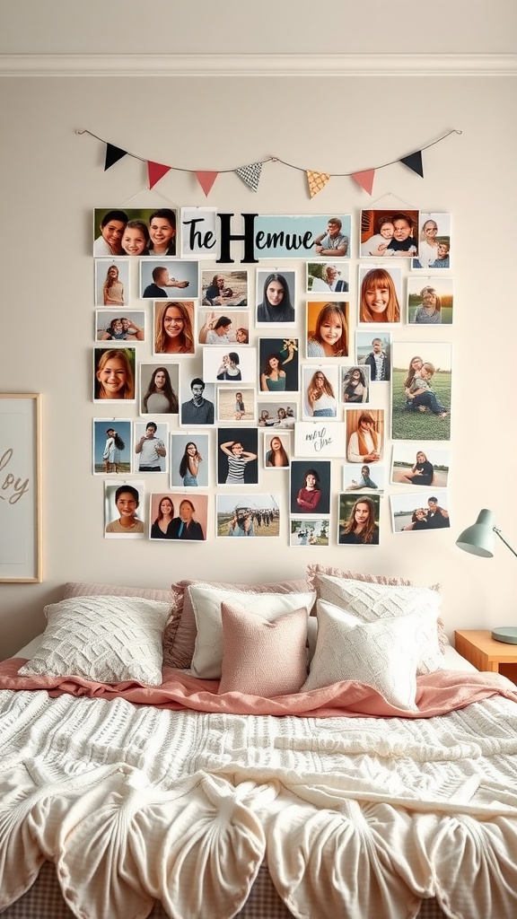 A colorful photo wall collage with a cozy bed in front.