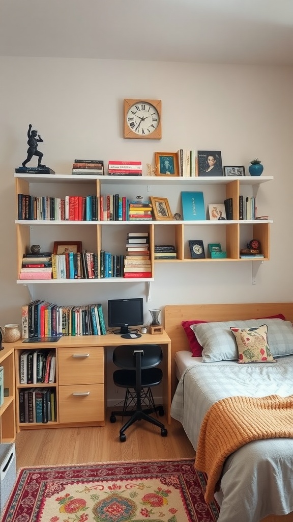 A modern teenager's bedroom featuring DIY shelving with books and decorative items.