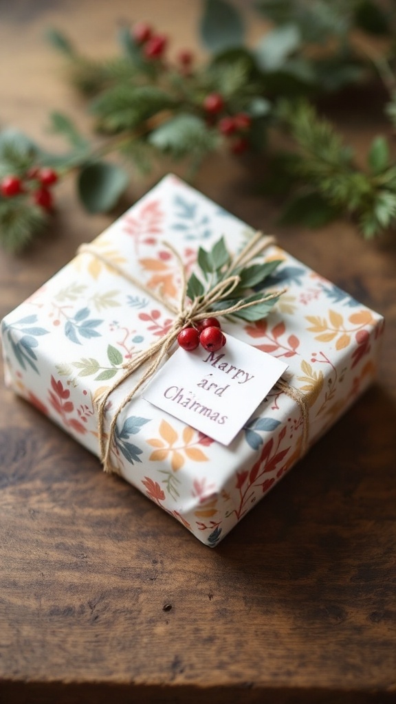 A beautifully wrapped gift with leaf patterns, twine, and berries on a wooden surface.