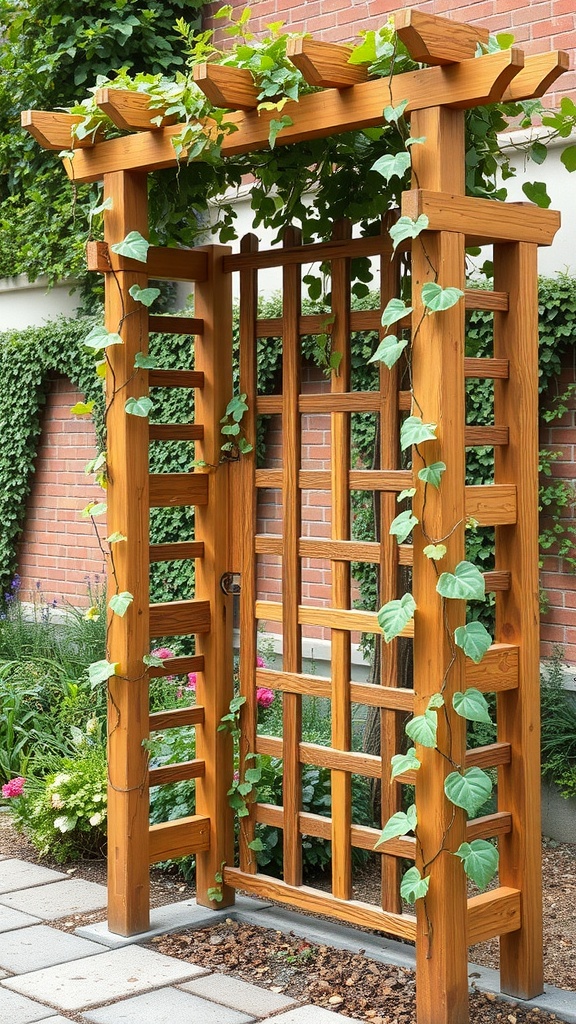 A wooden trellis with climbing plants in a small garden