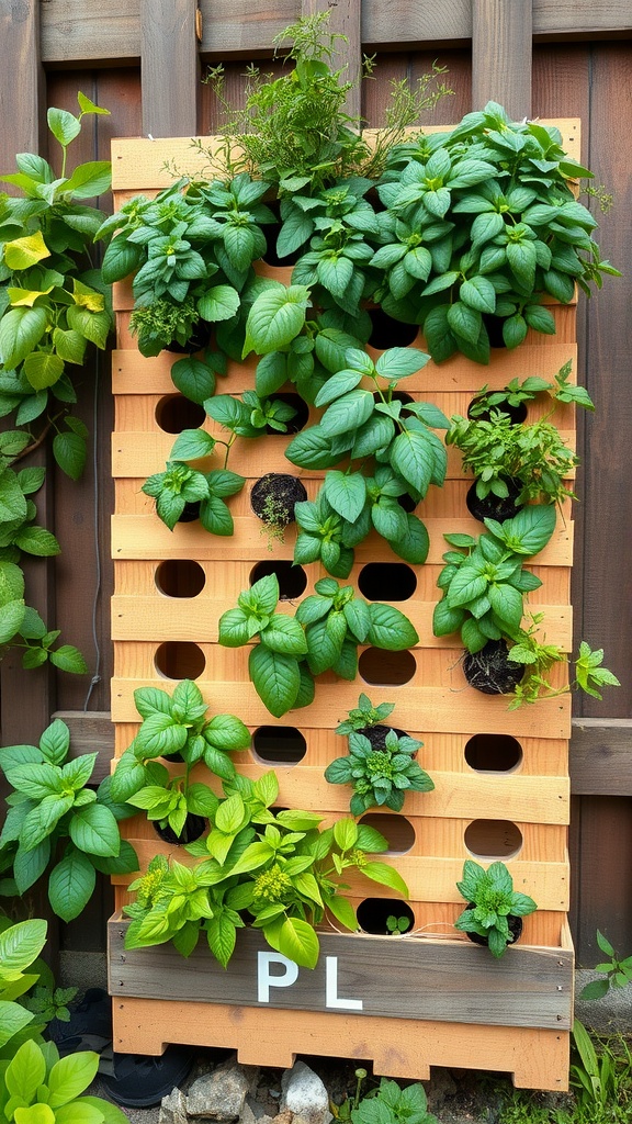 A vertical herb garden made from a wooden pallet, featuring various lush green herbs