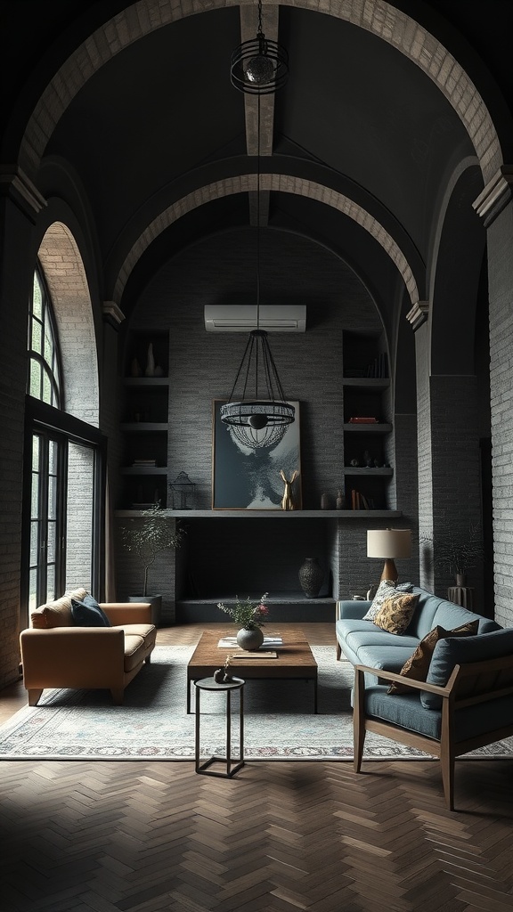 A dark boho living room featuring high arched ceilings, stylish furniture, and warm lighting