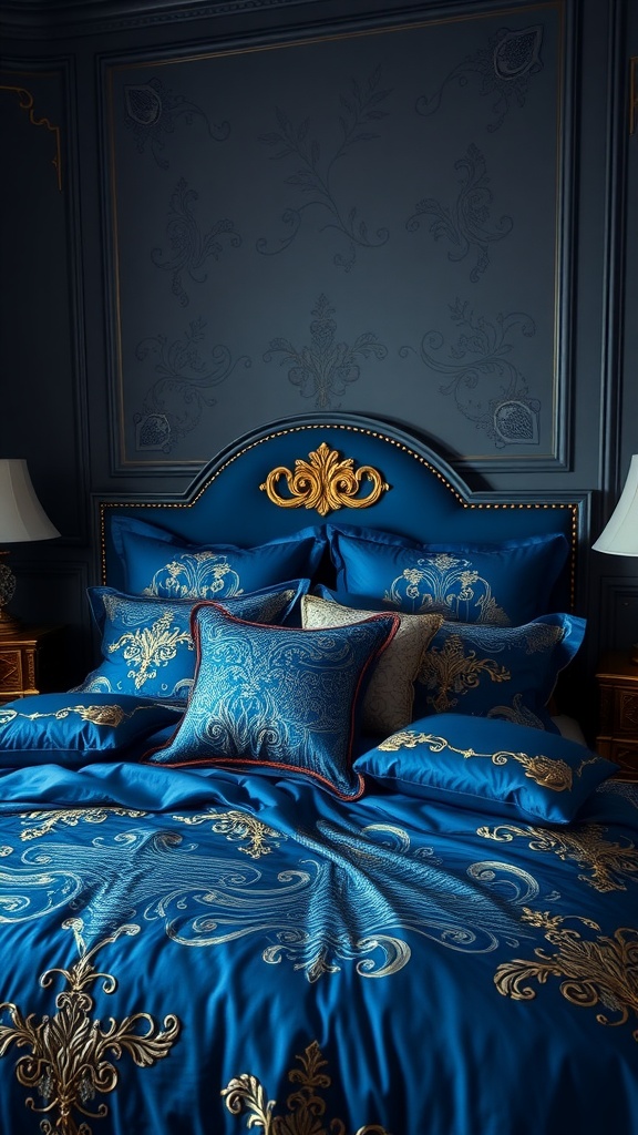 A luxurious blue bedding ensemble with gold embroidery in a stylish bedroom.
