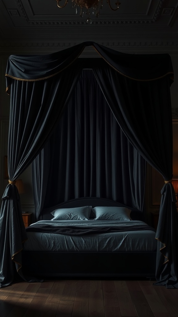 A cozy bedroom featuring a dramatic canopy bed with dark drapery and soft lighting.