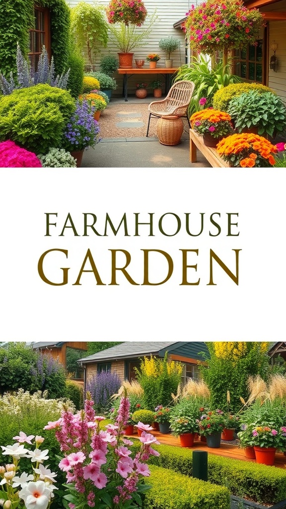Colorful farmhouse garden with flowers and greenery in different seasons