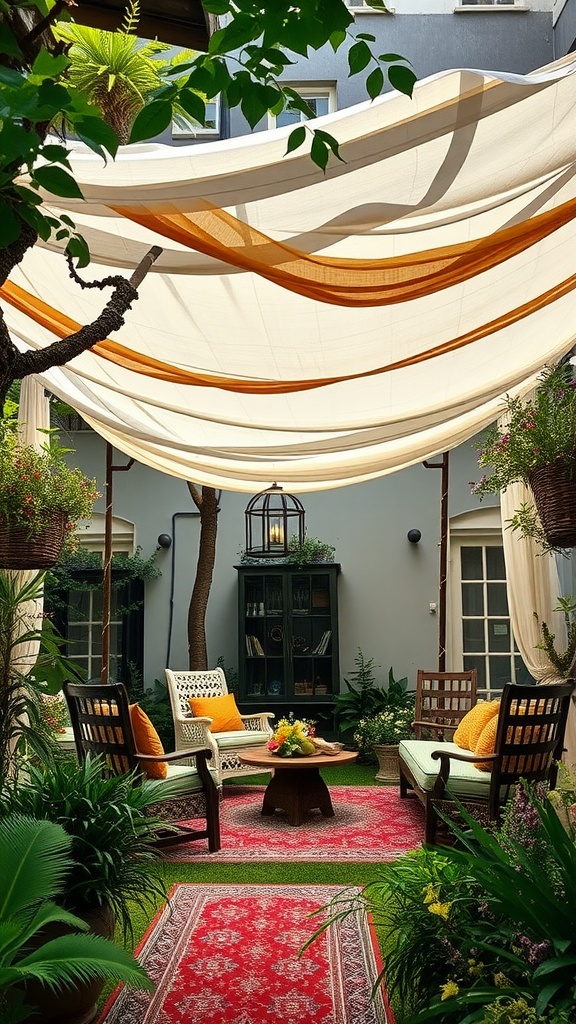 A serene garden with a draped canopy, comfortable seating, and vibrant greenery, creating a cozy outdoor retreat.